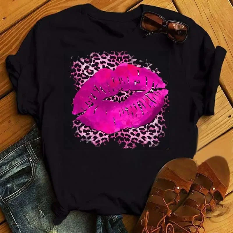 Women's Leopard Lips Graphic T-Shirt - Sexy Pink Kiss Print O-Neck Casual Tee Funny Animal Print Top