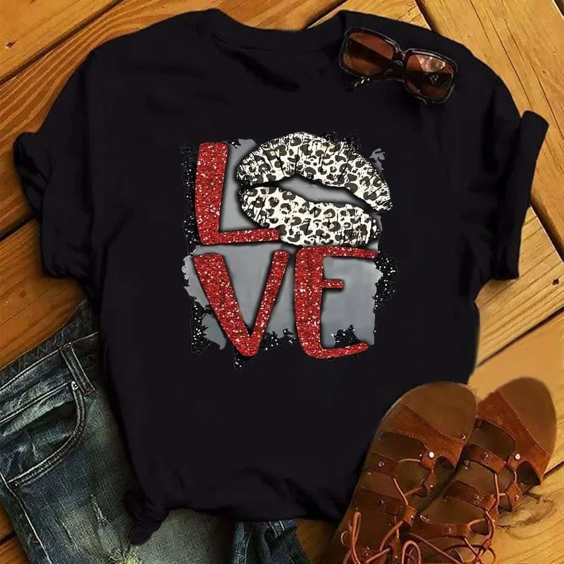 Women's Leopard Lips Graphic T-Shirt - Sexy Pink Kiss Print O-Neck Casual Tee Funny Animal Print Top