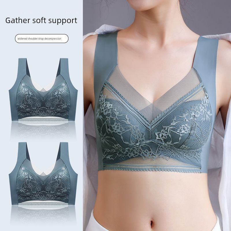 Wireless Push Up Lace Bra for Women - Seamless Beautiful Back Vest with Wide Straps No Underwire Comfort Lift