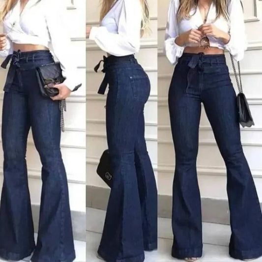 Women's High Waist Flare Jeans - Slim Fit Denim Bell Bottom Pants Solid Color Patchwork Stretch Streetwear with Pockets
