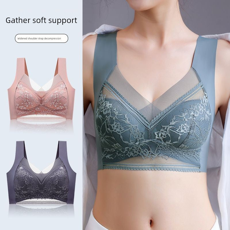 Wireless Push Up Lace Bra for Women - Seamless Beautiful Back Vest with Wide Straps No Underwire Comfort Lift