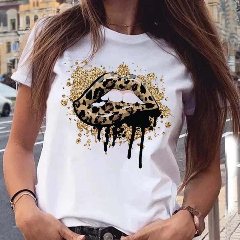 Women's Leopard Lips Graphic T-Shirt - Sexy Pink Kiss Print O-Neck Casual Tee Funny Animal Print Top