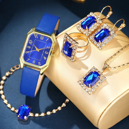 6/5/1 PCS Luxury Fashion Square Women’s Watches for Ladies Quartz Wrist Watch with Bracelet Jewelry Set Classic Minimalist Rhinestone Diamond Analog Dress Watch Relógios Feminino Gift Box