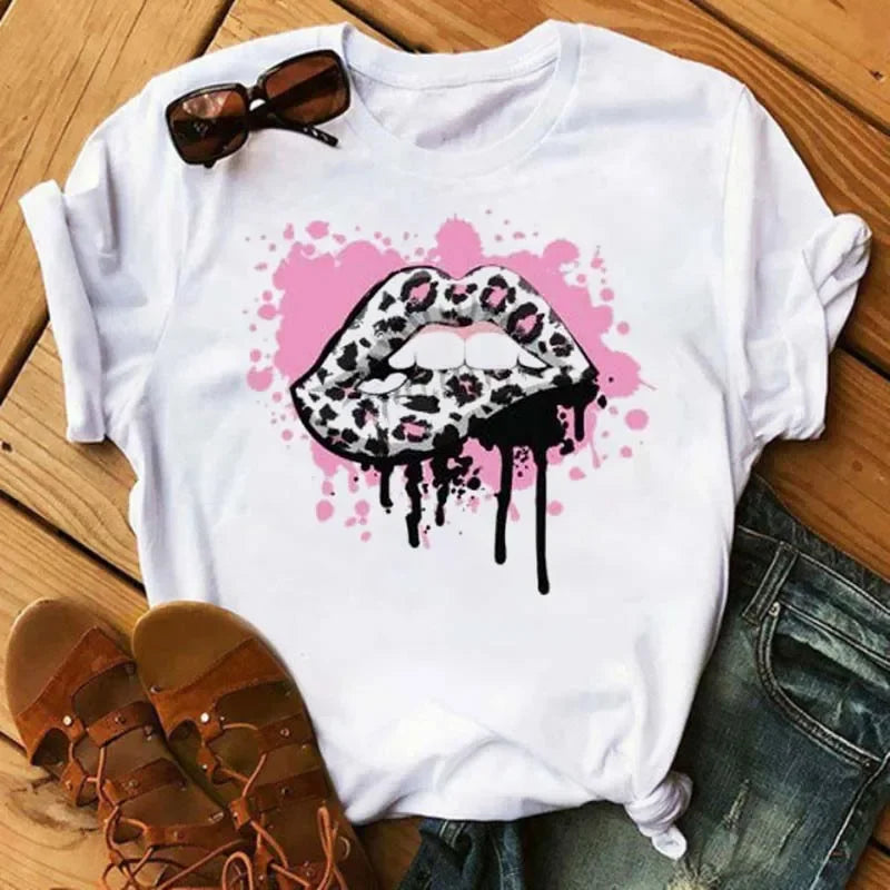 Women's Leopard Lips Graphic T-Shirt - Sexy Pink Kiss Print O-Neck Casual Tee Funny Animal Print Top
