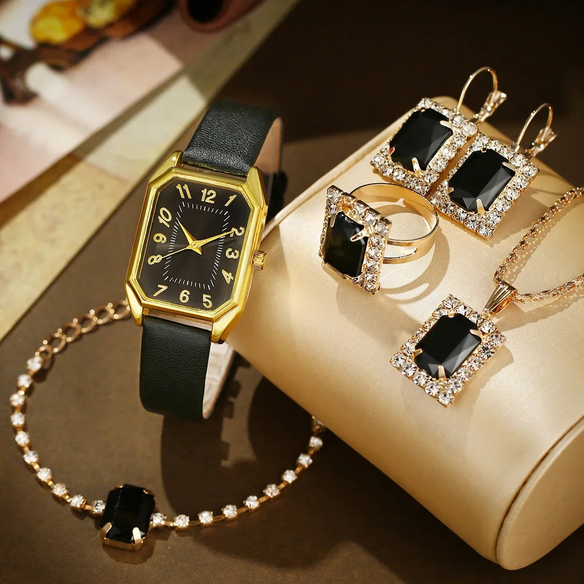 6/5/1 PCS Luxury Fashion Square Women’s Watches for Ladies Quartz Wrist Watch with Bracelet Jewelry Set Classic Minimalist Rhinestone Diamond Analog Dress Watch Relógios Feminino Gift Box