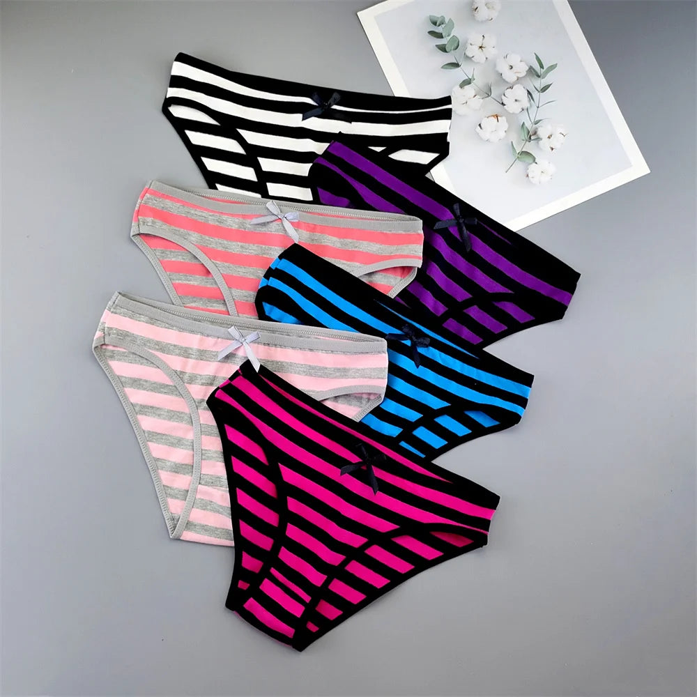 6 Pack Cute Striped Cotton Panties for Women - Bow Bikini Briefs Sexy Lovely Girls Underwear M/L/XL