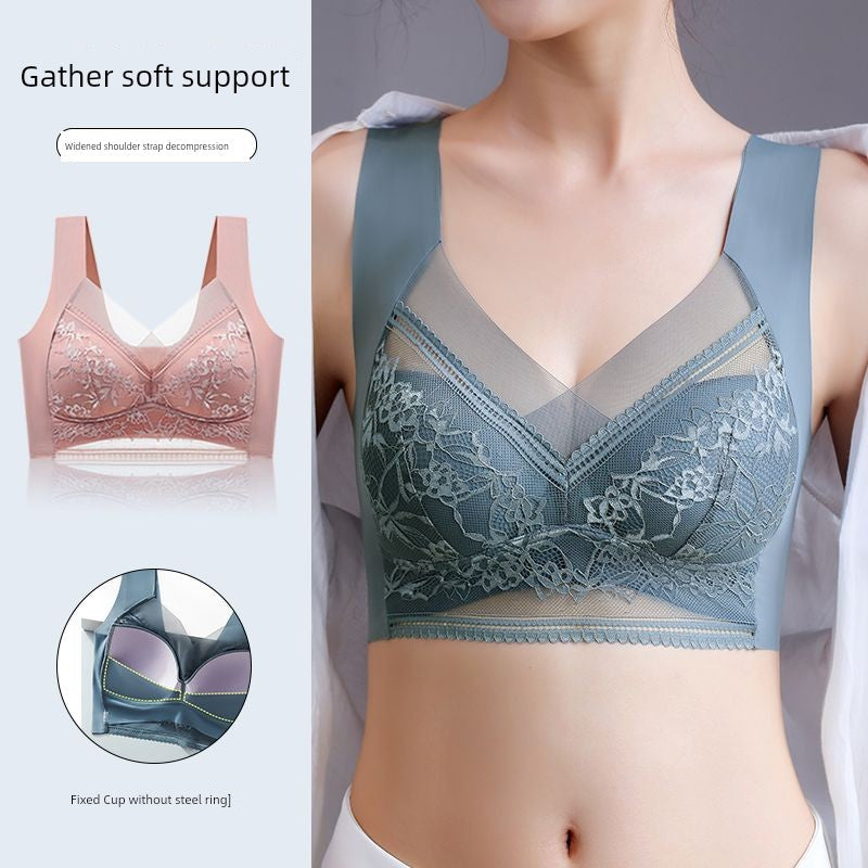 Wireless Push Up Lace Bra for Women - Seamless Beautiful Back Vest with Wide Straps No Underwire Comfort Lift