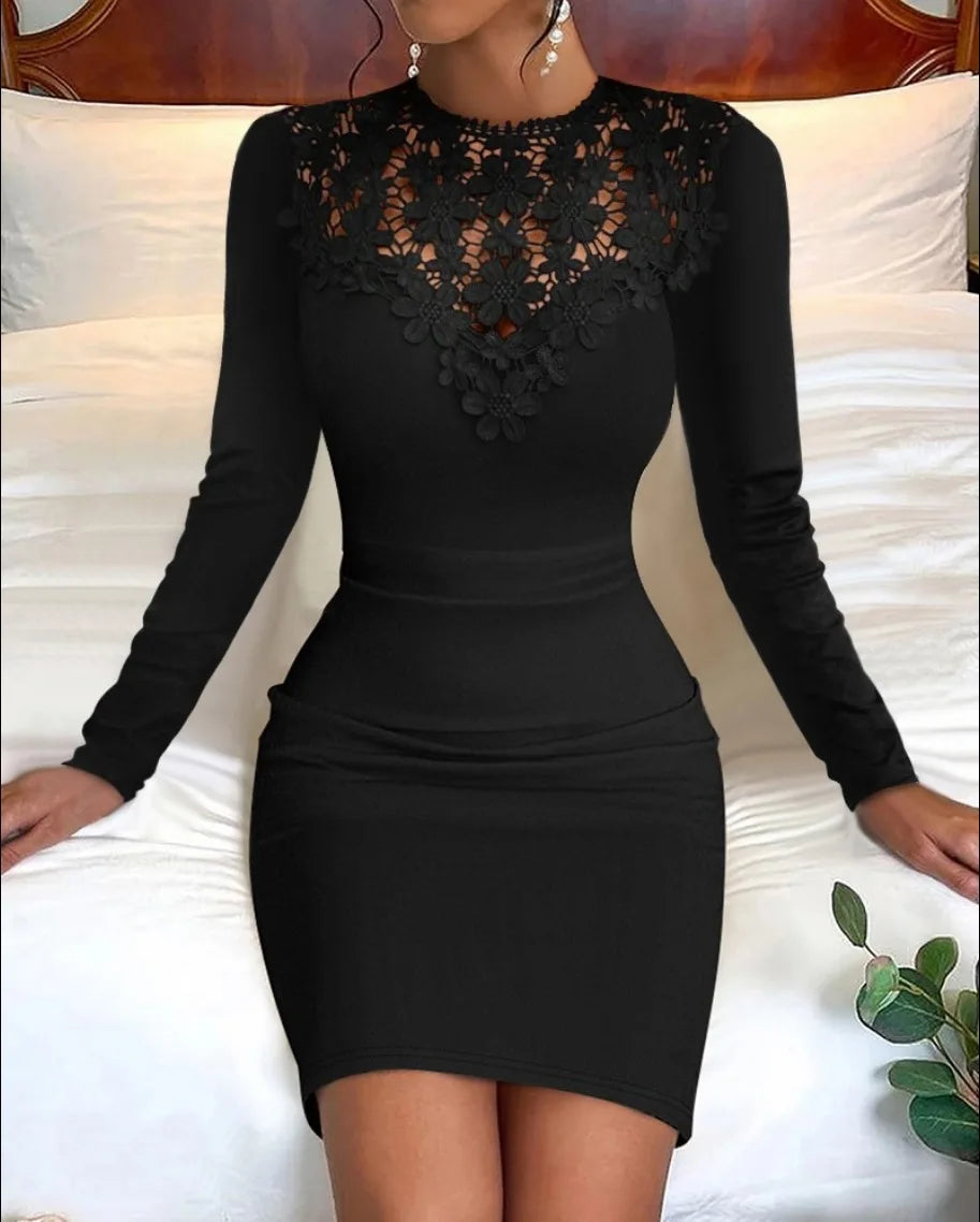 Women's Lace Sexy Sheath Dress Long Sleeve O-Neck High Waist Slim Fit Buttocks Wrap Solid Color Slight Stretch Autumn Vestidos de Mujer 2025
