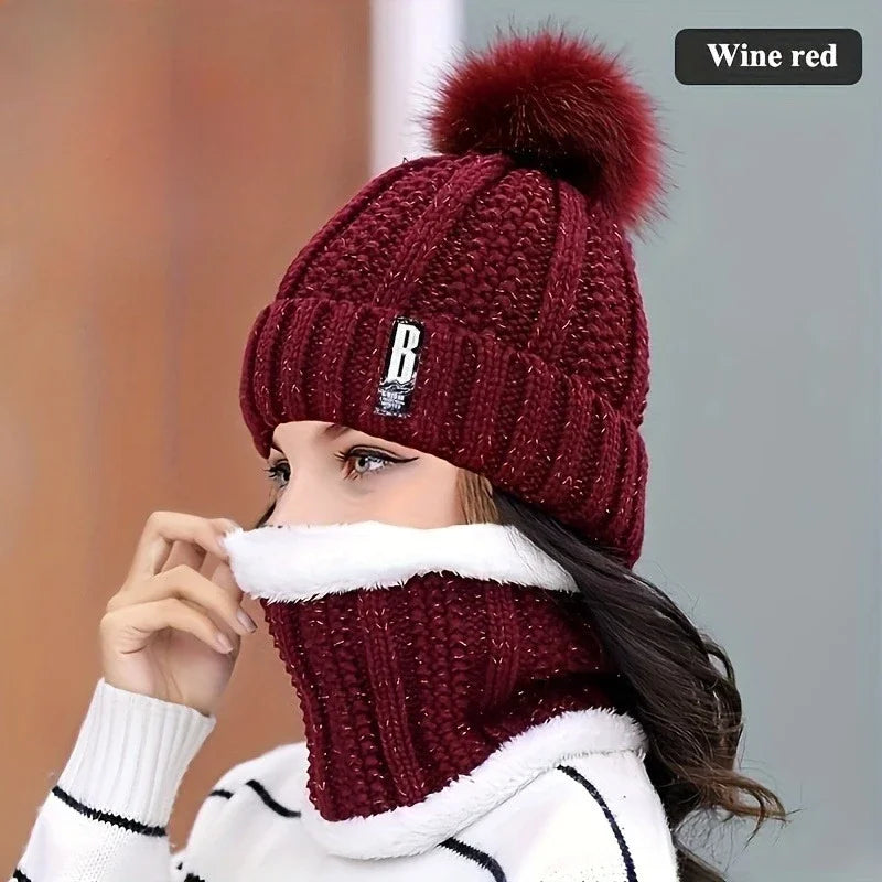 2/3 Piece Women's Winter Hat Scarf Gloves Set Thick Plush Knit Warm Windproof