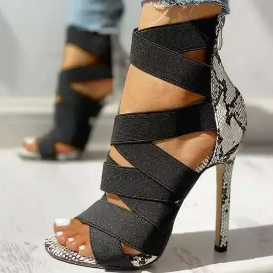 Fashionable Snake Skin Pattern Roman High Heels Sandals with Back Zipper Thin Heel Summer New Arrival Large Size Shoes