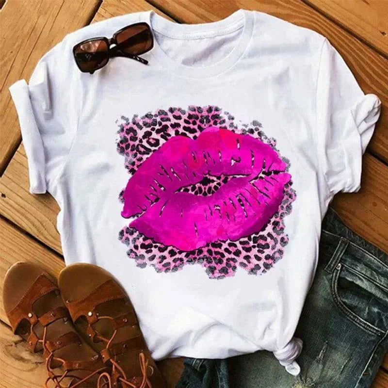 Women's Leopard Lips Graphic T-Shirt - Sexy Pink Kiss Print O-Neck Casual Tee Funny Animal Print Top