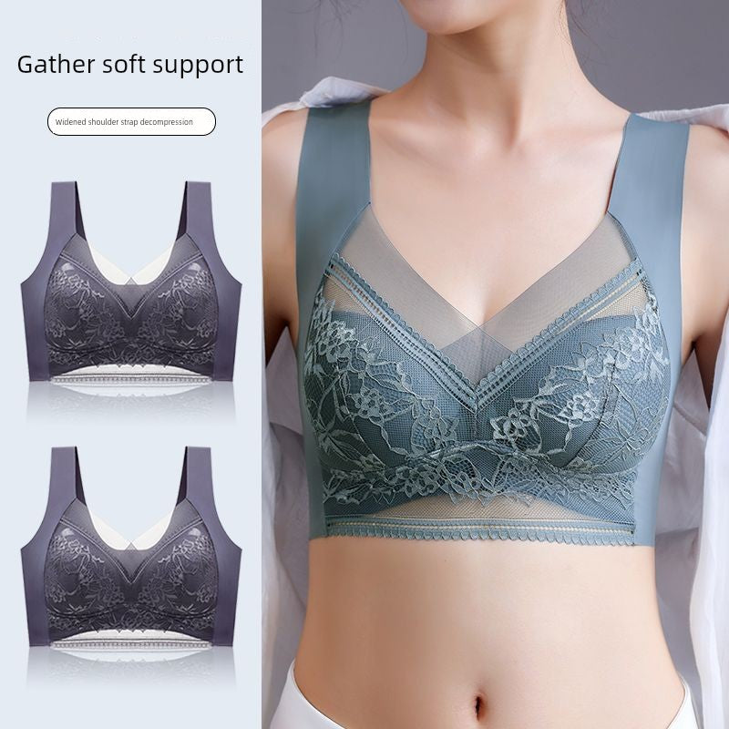 Wireless Push Up Lace Bra for Women - Seamless Beautiful Back Vest with Wide Straps No Underwire Comfort Lift