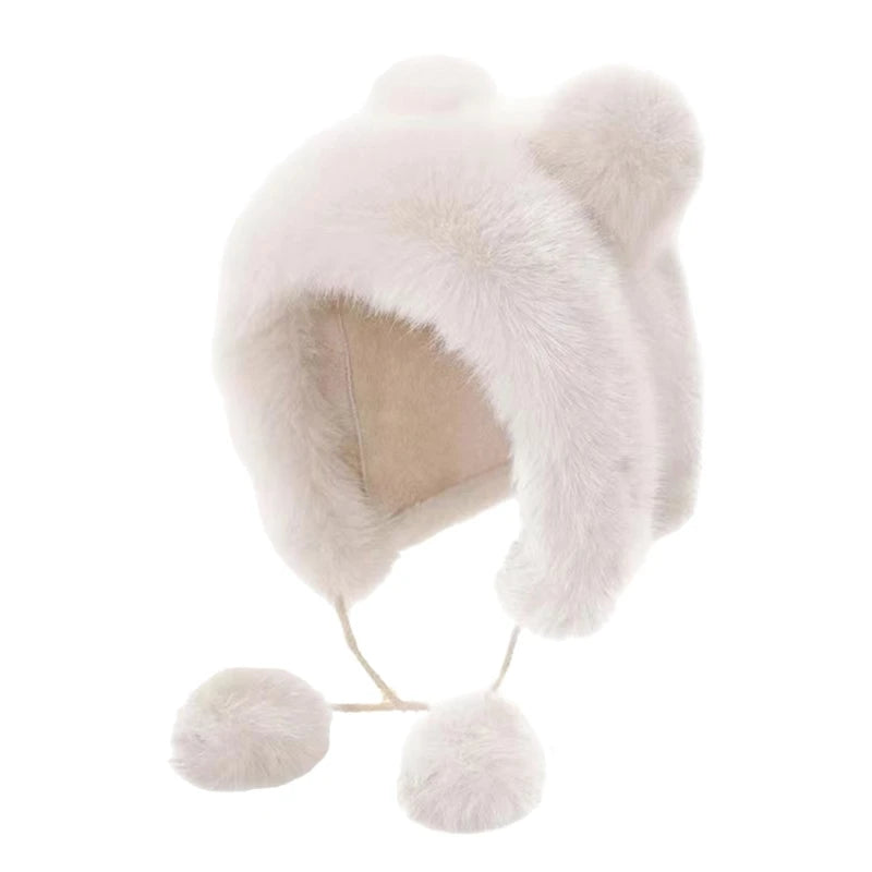 Women's Cute White Furry Bear Ear Hat Plush Winter Warm Ski Cycling Beanie