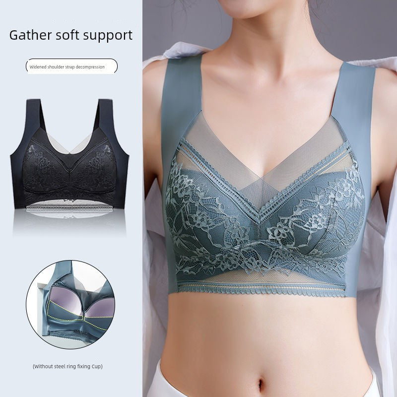 Wireless Push Up Lace Bra for Women - Seamless Beautiful Back Vest with Wide Straps No Underwire Comfort Lift