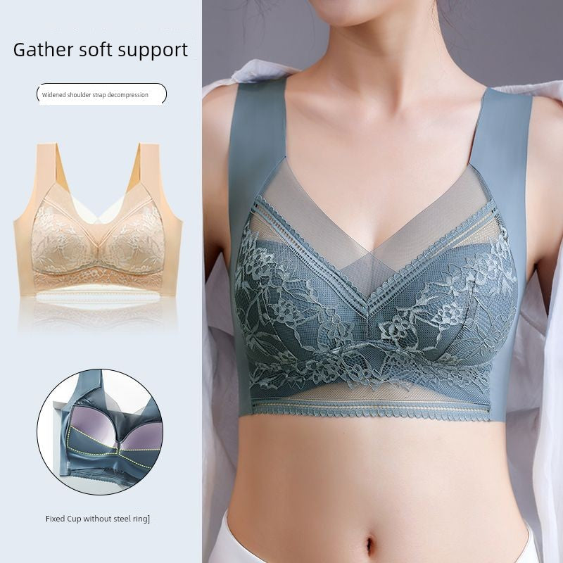Wireless Push Up Lace Bra for Women - Seamless Beautiful Back Vest with Wide Straps No Underwire Comfort Lift