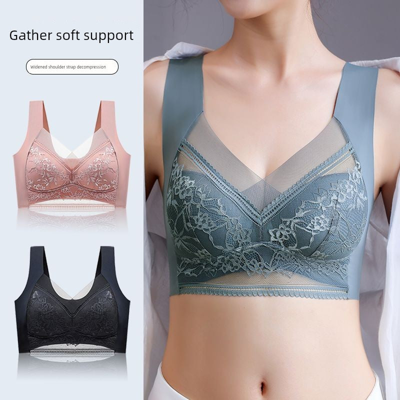 Wireless Push Up Lace Bra for Women - Seamless Beautiful Back Vest with Wide Straps No Underwire Comfort Lift