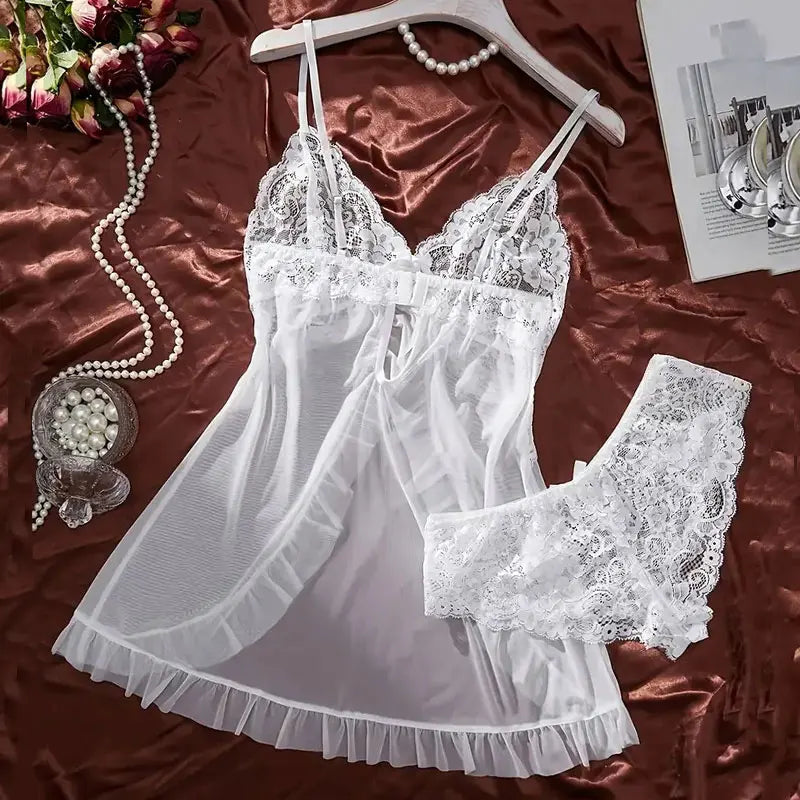 Plus Size White Sheer Tulle Babydoll Lingerie Set - Halter Nightgown with Panties Sexy Curve Chemise