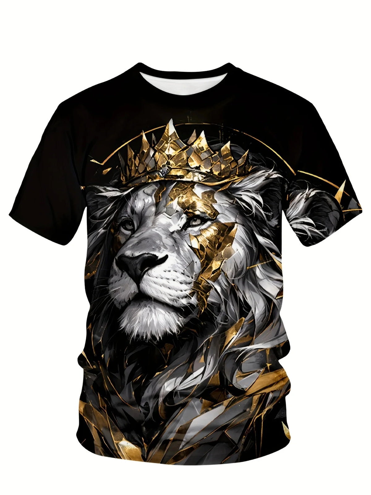 Breathable Polyester Blend,Casual & Elegant Men's Lion Crown Graphic Tee - Regal Charm Plus Size Short Sleeve Crew Neck T-Shirt
