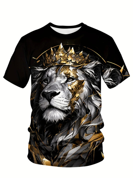 Breathable Polyester Blend,Casual & Elegant Men's Lion Crown Graphic Tee - Regal Charm Plus Size Short Sleeve Crew Neck T-Shirt