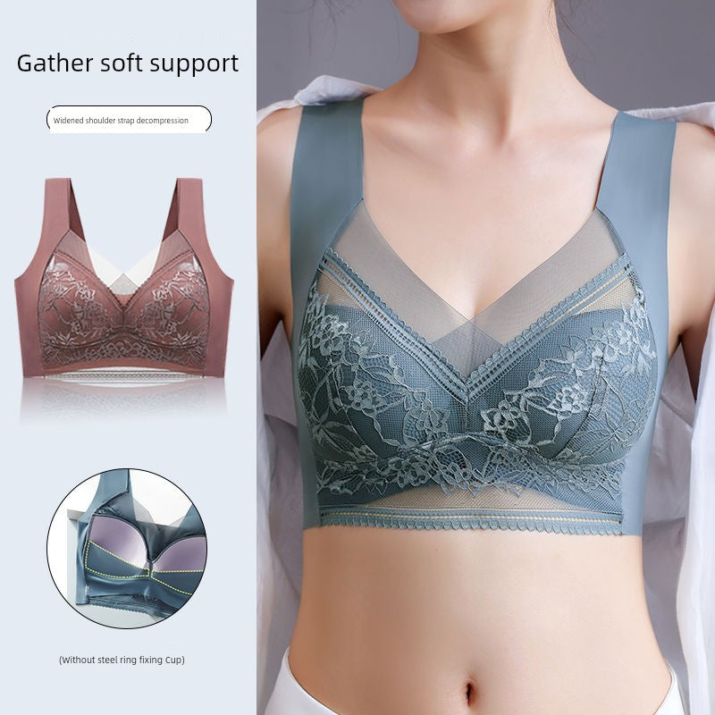Wireless Push Up Lace Bra for Women - Seamless Beautiful Back Vest with Wide Straps No Underwire Comfort Lift