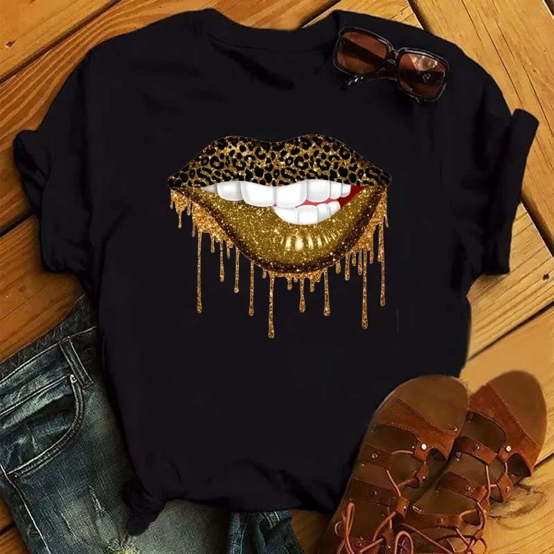 Women's Leopard Lips Graphic T-Shirt - Sexy Pink Kiss Print O-Neck Casual Tee Funny Animal Print Top