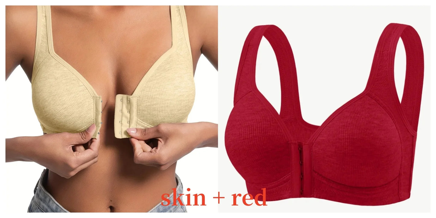 Women's Bra Wire-Free Front Closure Solid Color Full Coverage Fixed Cups More Considerate for Middle-Aged And Elderly Individual