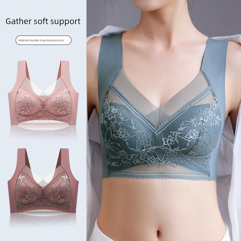 Wireless Push Up Lace Bra for Women - Seamless Beautiful Back Vest with Wide Straps No Underwire Comfort Lift