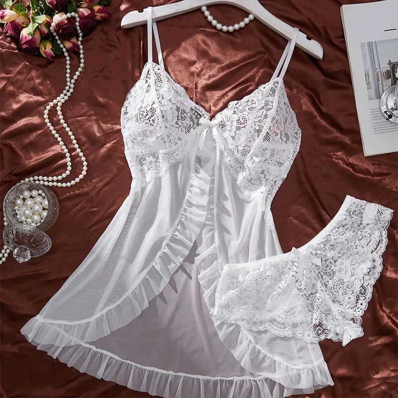 Plus Size White Sheer Tulle Babydoll Lingerie Set - Halter Nightgown with Panties Sexy Curve Chemise