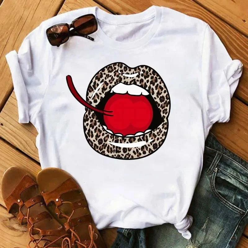 Women's Leopard Lips Graphic T-Shirt - Sexy Pink Kiss Print O-Neck Casual Tee Funny Animal Print Top