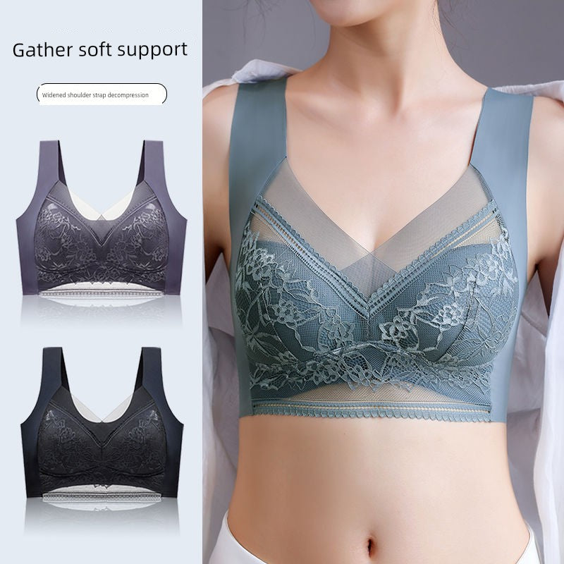 Wireless Push Up Lace Bra for Women - Seamless Beautiful Back Vest with Wide Straps No Underwire Comfort Lift