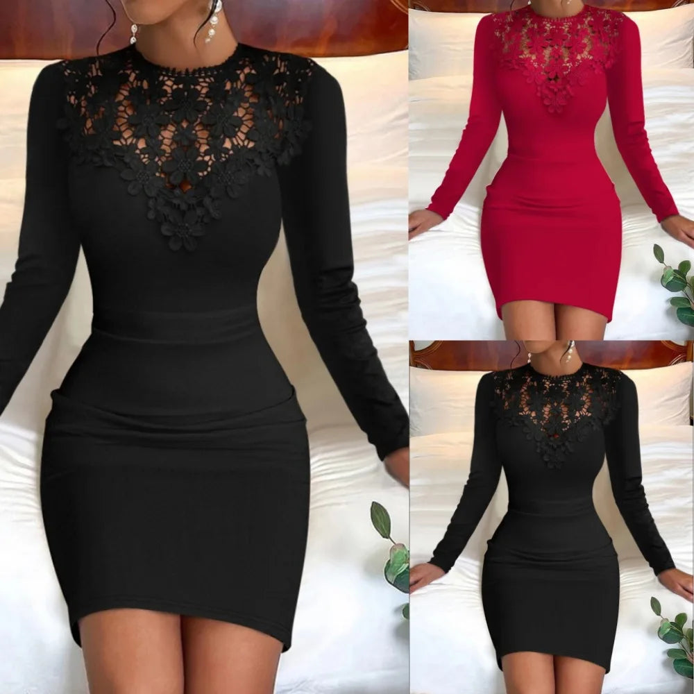 Women's Lace Sexy Sheath Dress Long Sleeve O-Neck High Waist Slim Fit Buttocks Wrap Solid Color Slight Stretch Autumn Vestidos de Mujer 2025