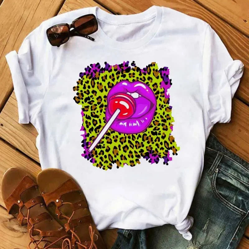Women's Leopard Lips Graphic T-Shirt - Sexy Pink Kiss Print O-Neck Casual Tee Funny Animal Print Top