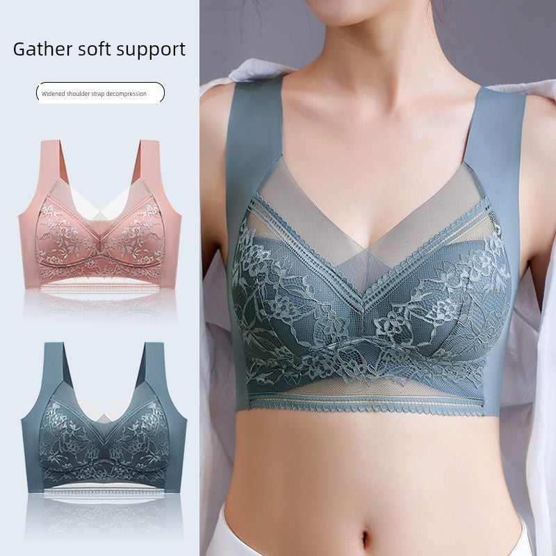 Wireless Push Up Lace Bra for Women - Seamless Beautiful Back Vest with Wide Straps No Underwire Comfort Lift