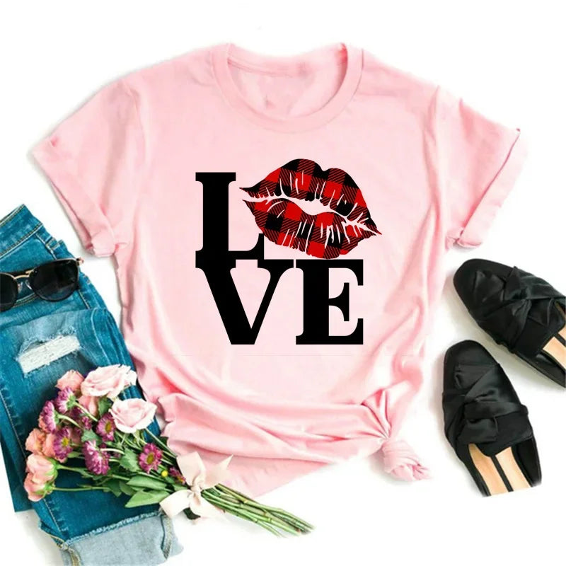 Women's Leopard Lips Graphic T-Shirt - Sexy Pink Kiss Print O-Neck Casual Tee Funny Animal Print Top