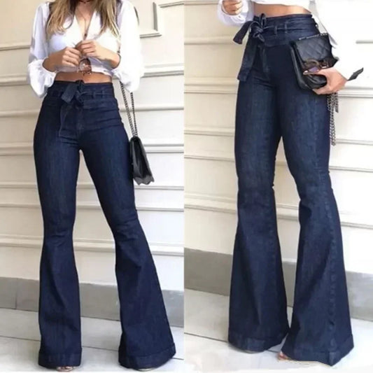Women's High Waist Flare Jeans - Slim Fit Denim Bell Bottom Pants Solid Color Patchwork Stretch Streetwear with Pockets