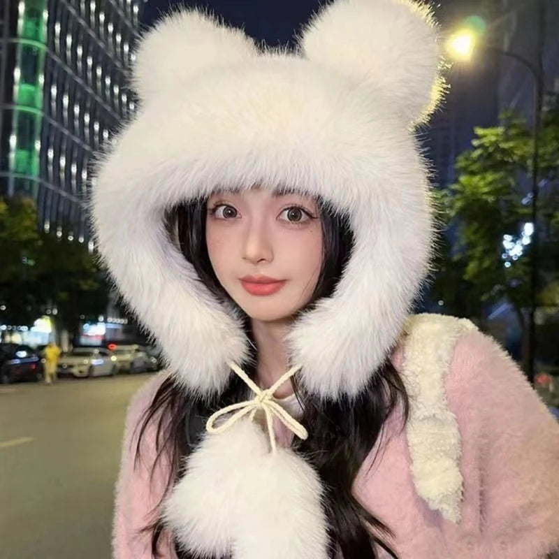 Women's Cute White Furry Bear Ear Hat Plush Winter Warm Ski Cycling Beanie