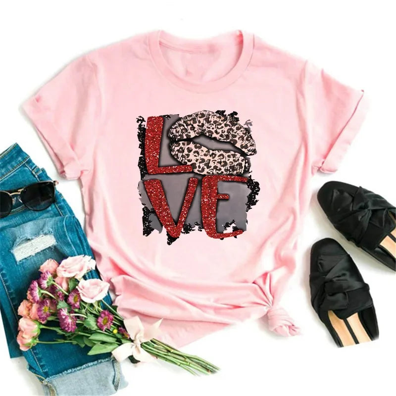 Women's Leopard Lips Graphic T-Shirt - Sexy Pink Kiss Print O-Neck Casual Tee Funny Animal Print Top