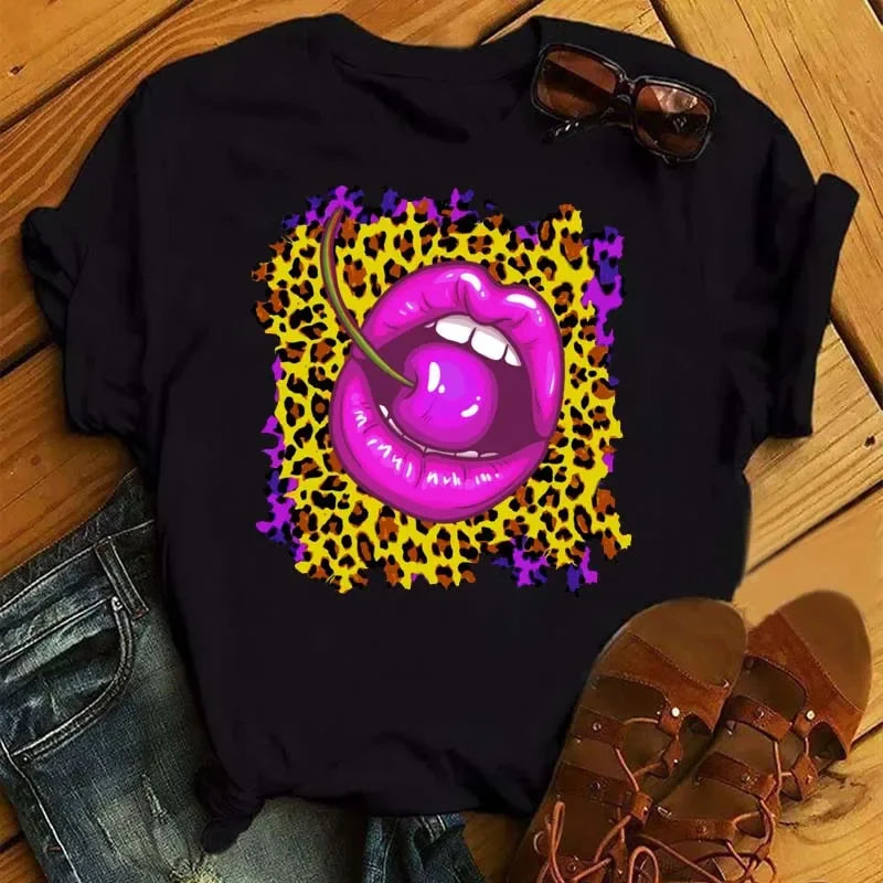 Women's Leopard Lips Graphic T-Shirt - Sexy Pink Kiss Print O-Neck Casual Tee Funny Animal Print Top