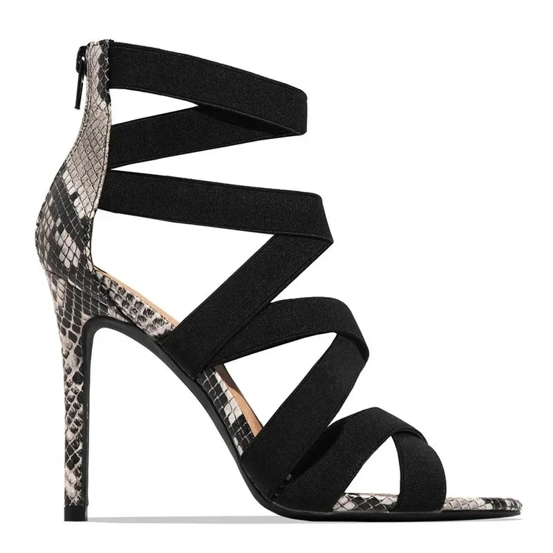 Fashionable Snake Skin Pattern Roman High Heels Sandals with Back Zipper Thin Heel Summer New Arrival Large Size Shoes