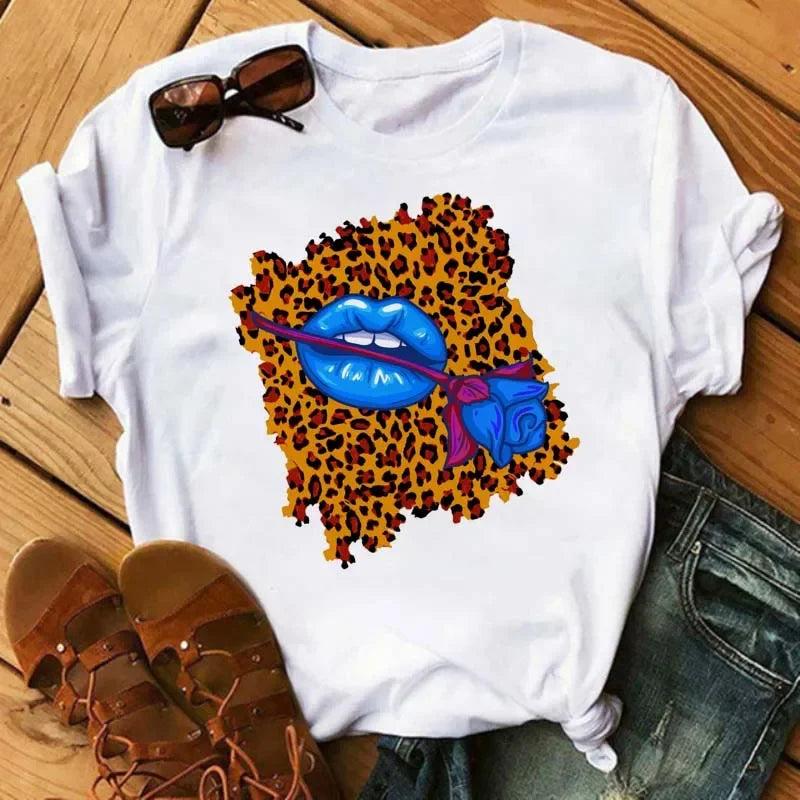 Women's Leopard Lips Graphic T-Shirt - Sexy Pink Kiss Print O-Neck Casual Tee Funny Animal Print Top