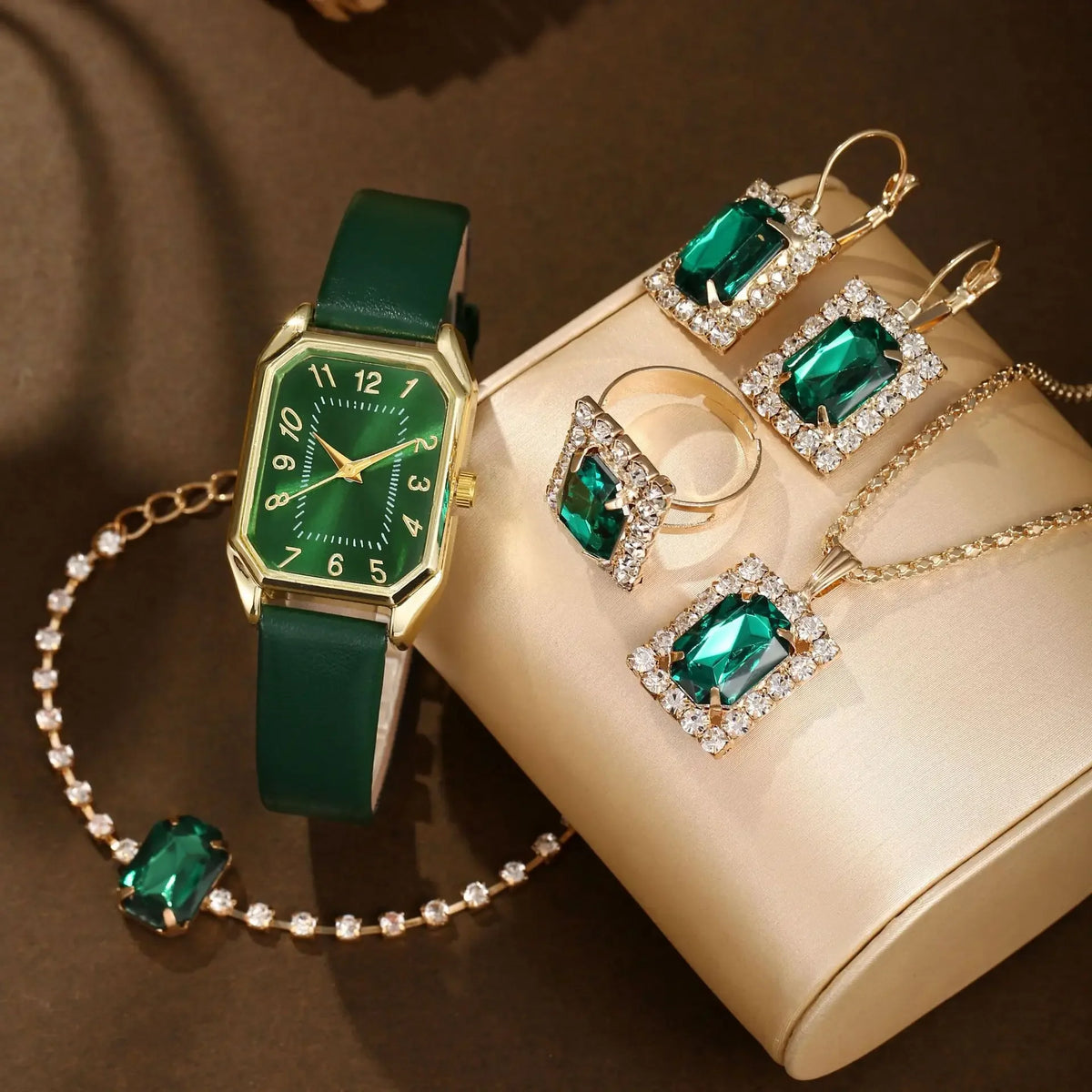 6/5/1 PCS Luxury Fashion Square Women’s Watches for Ladies Quartz Wrist Watch with Bracelet Jewelry Set Classic Minimalist Rhinestone Diamond Analog Dress Watch Relógios Feminino Gift Box