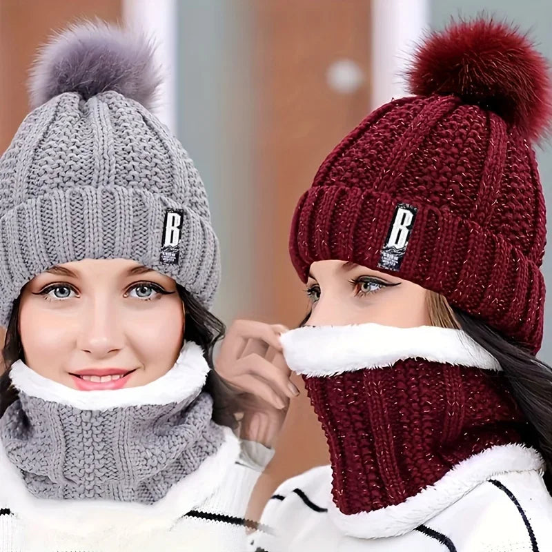 2/3 Piece Women's Winter Hat Scarf Gloves Set Thick Plush Knit Warm Windproof