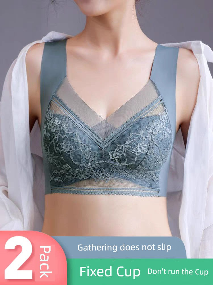 Wireless Push Up Lace Bra for Women - Seamless Beautiful Back Vest with Wide Straps No Underwire Comfort Lift