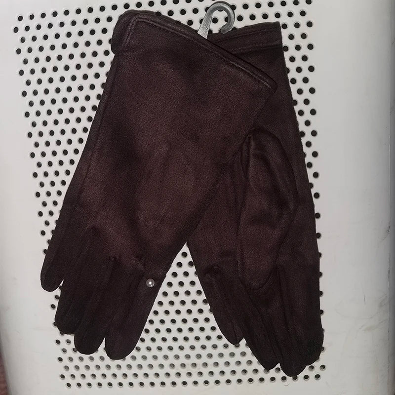 Women's Winter Suede Leather Touchscreen Gloves - Warm Thicken Velvet Lined Full Finger Pearl Decor Windproof Driving Cycling Mittens