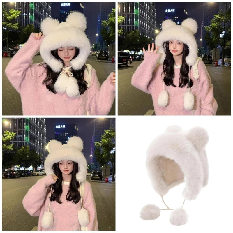 Women's Cute White Furry Bear Ear Hat Plush Winter Warm Ski Cycling Beanie