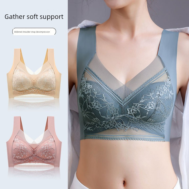 Wireless Push Up Lace Bra for Women - Seamless Beautiful Back Vest with Wide Straps No Underwire Comfort Lift