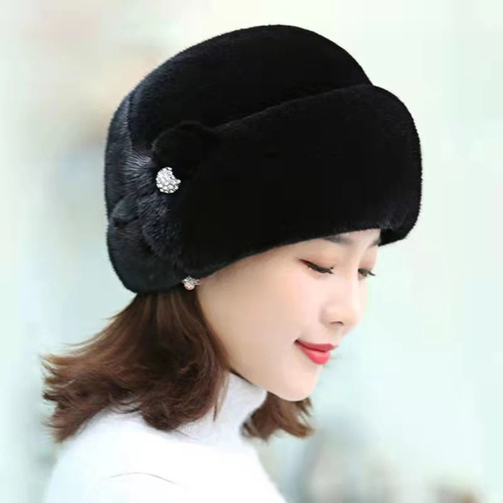 Women's Faux Mink Fur Winter Hat Fleece Lined Earflap Slouchy Plush Beanie Warm