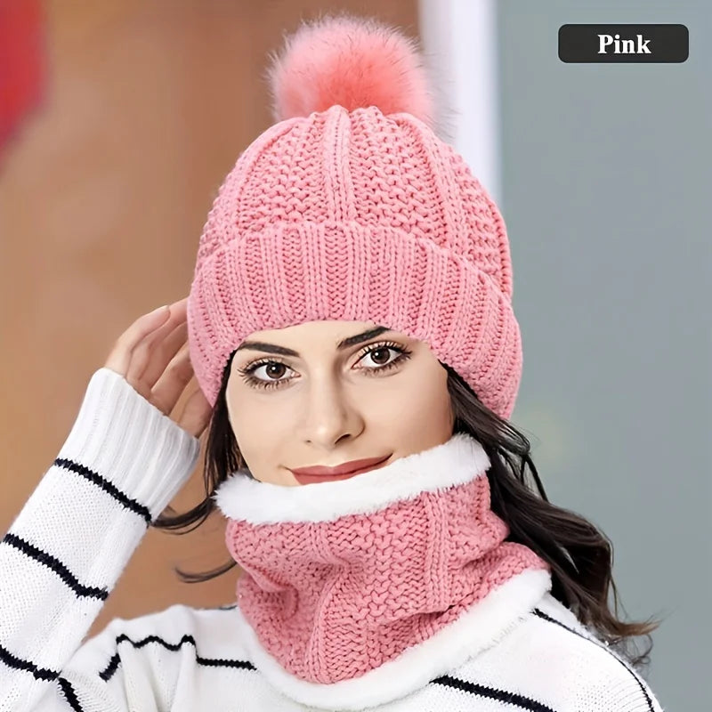 2/3 Piece Women's Winter Hat Scarf Gloves Set Thick Plush Knit Warm Windproof