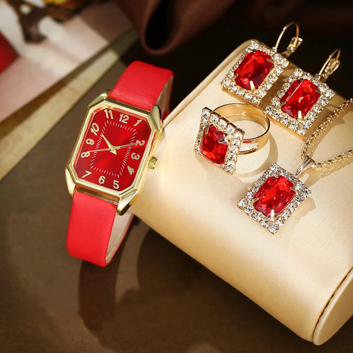 6/5/1 PCS Luxury Fashion Square Women’s Watches for Ladies Quartz Wrist Watch with Bracelet Jewelry Set Classic Minimalist Rhinestone Diamond Analog Dress Watch Relógios Feminino Gift Box
