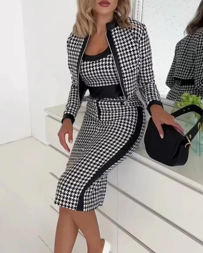 Women's 3-Piece Printed Skirt Set - Elegant Long Sleeve Jacket, Vest & Slim Fit Skirt OL Office Lady Spring/Autumn Outfit